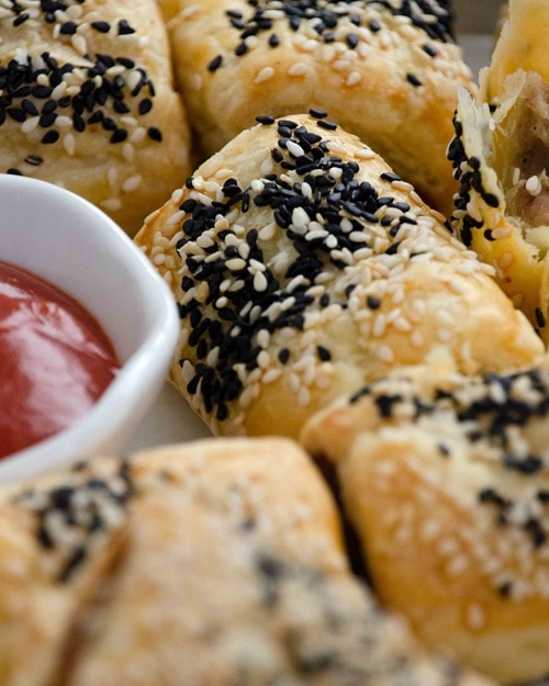 sausage rolls with tomato sauce